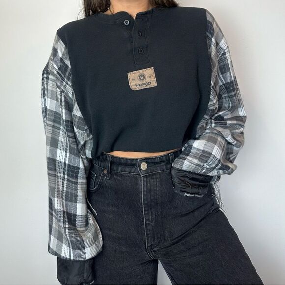 Reworked Wrangler Long Sleeve Mid Crop Baggy Relaxed Fall Flannel Shirt Top - Picture 1 of 4